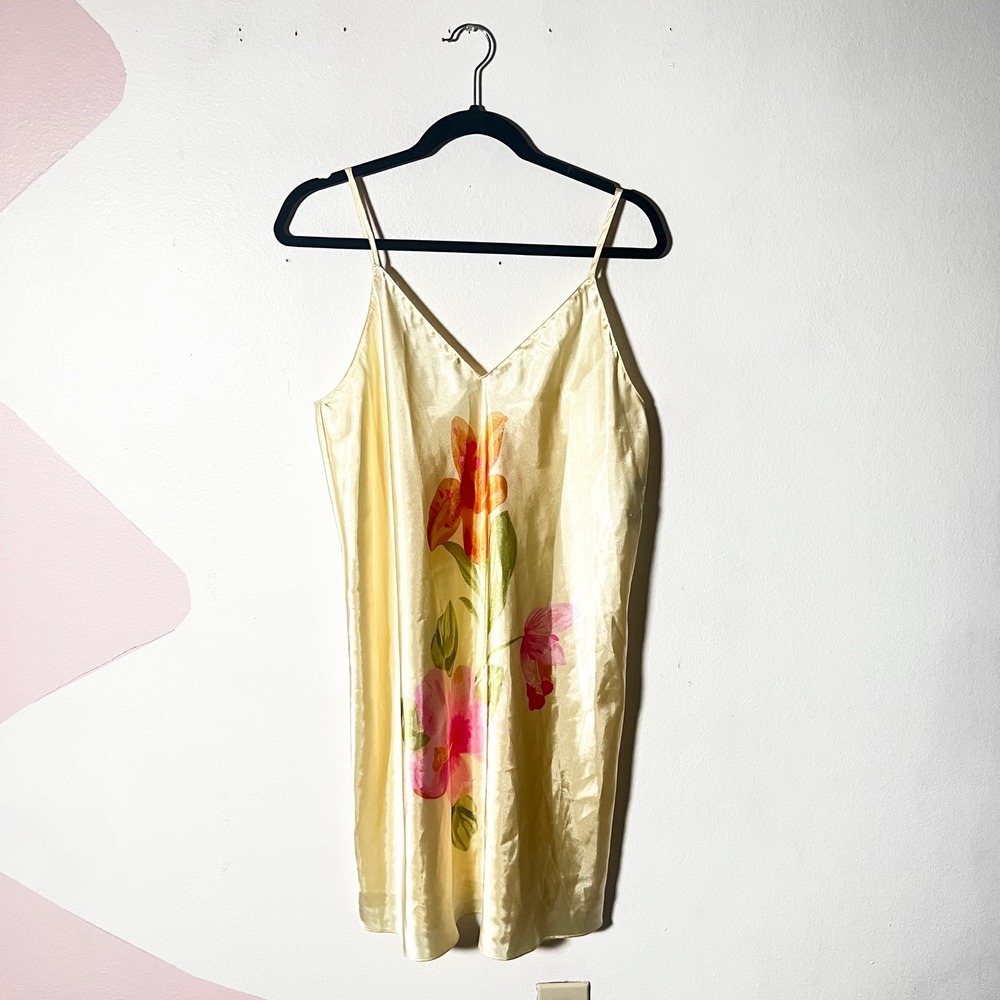 Vintage Y2K Satin Slip Dress Large Yellow Floral 90s Fairy Nightgown
